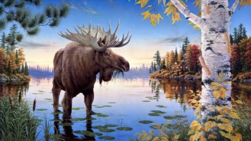Deer Painting - Autumn Majesty elk lake reeds wood pine birch fall house